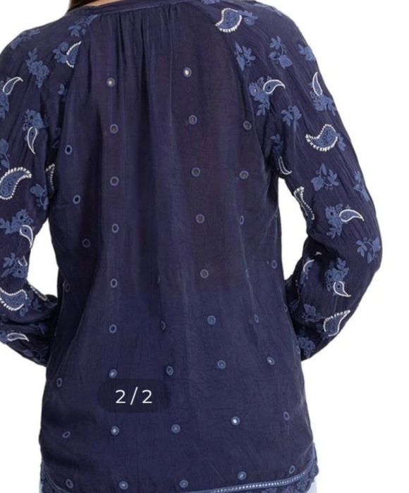 Johnny Was Boho Navy Embroidered Floral Button-Front Blouse - Picture 2 of 5